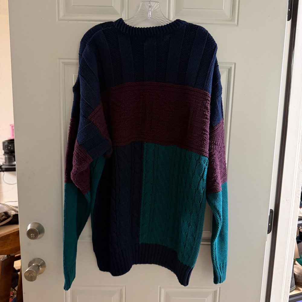 Eddie Bauer Vintage Made in USA Colorblock Cable Knit Sweater Mens XL Tall Navy - Picture 4 of 4
